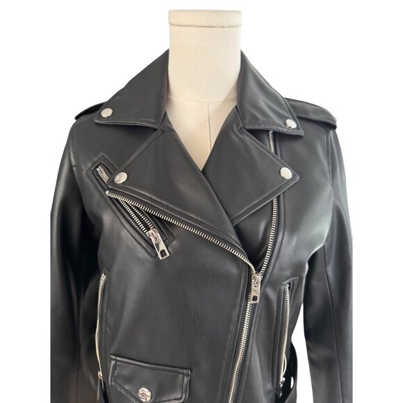 ZARA Small Black Faux Leather Belted Jacket Belted Waist & Zipper Pockets - Picture 3 of 15